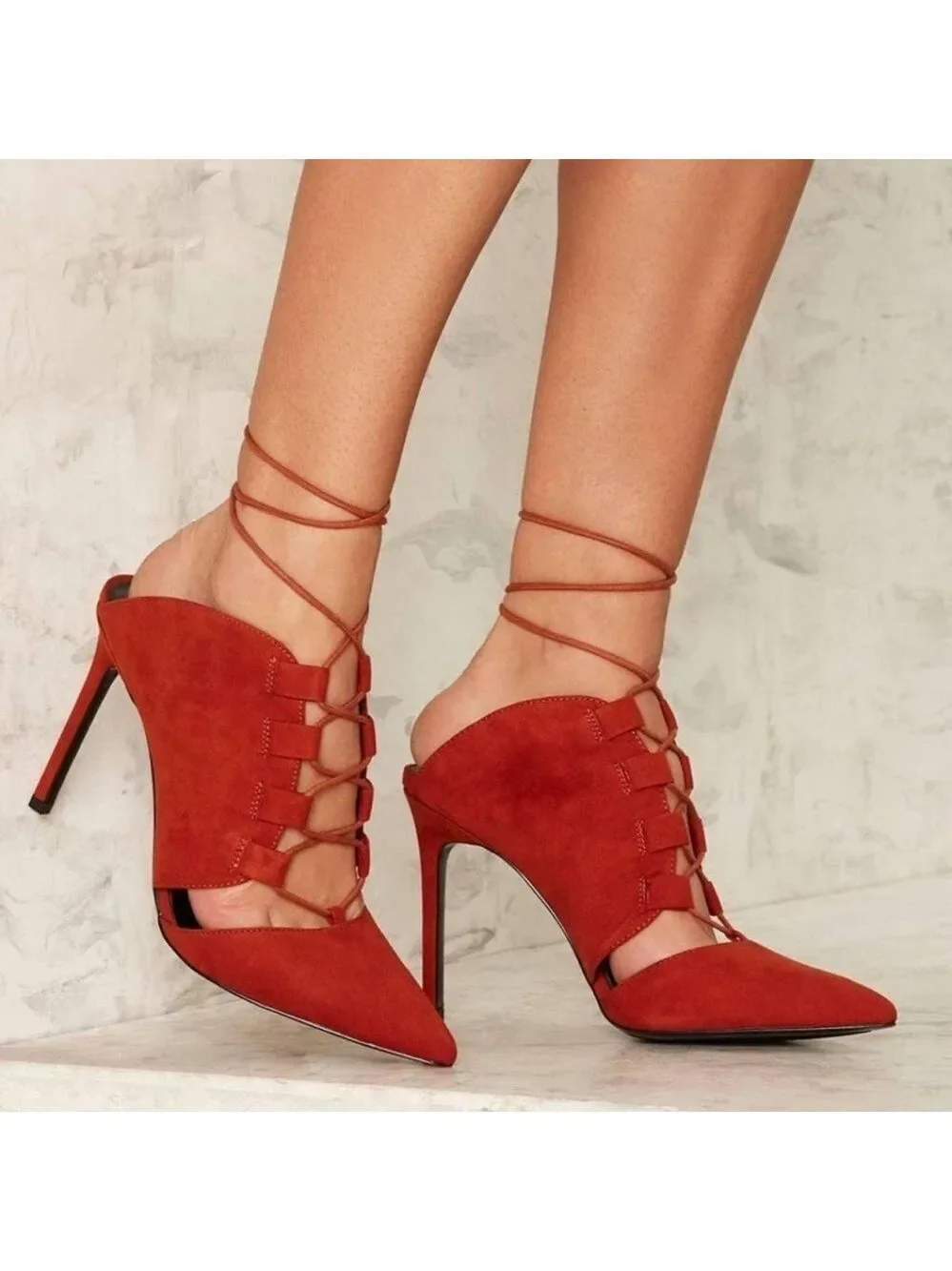 Nasty Gal burnt orange red lace-up faux leather mules high heels Sz 8.5